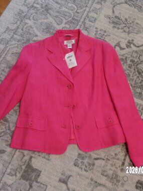 Womens FUSHIA BRIGHT PINK TALBOTS 100% Irish Linen Blazer Jacket Lined 4P PETITE
